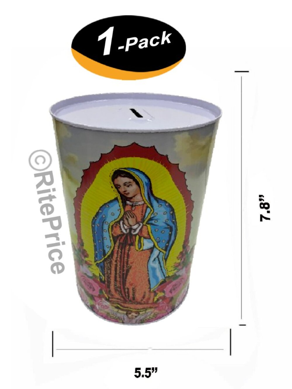 (1 Pack) Maria Printed Coin Bank, Religious Guadalupe 7.8" Tin Money Piggy Bank
